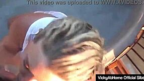 Vicky Vette rides her lover's big cock at the pool before the show!