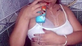 Risky milk bath in brother's shower with toys and deepthroat. 😏