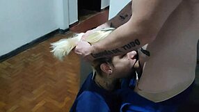 Blonde pays electrician with blowjob, he loves the spitting