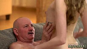 Petite teen with huge tits gets blowjob from old russian man