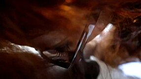 Redhead wife performing deepthroat blowjob to her husband