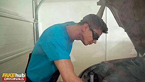 Fakehub Originals - Redhead teens get naughty with young mechanic in garage