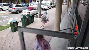 monica saige spreads legs wide in shop