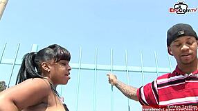 Watch this curvy black slut take cum on her big tits