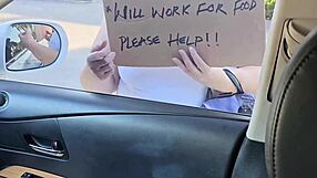 A woman gets fed and a face full of jizz during car ride