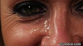 Flirty model sucks cum in blowbang facial bukkake