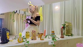 petite girl in bee costume licks honey and sucks cocks in trailer