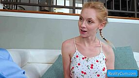 blonde teen athena rayne gives amazing head to friend's huge cock on sofa