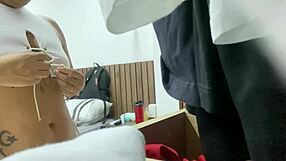 Tattooed stepdaughter creating home video with dress