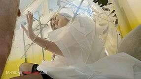 Super Hot Blonde Femdom In See-Through Raincoat Ruins Big Cock Orgasms