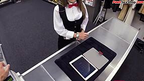 Petite customer bent over in pawnshop office for throatfucking 😏