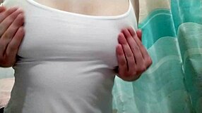 she stood in the bathroom, playing with big natural boobs in slow motion delight