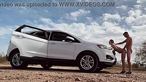 butt naked on the road, taking a risky walk with hot blonde