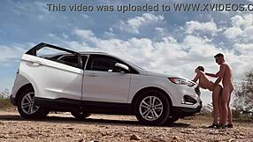 butt naked on the road, taking a risky walk with hot blonde