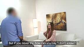 Can a small-tittied brunette seduce a fake agent?