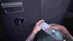 Hot step sister walks in on brother in shower and gets fucked.