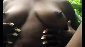 African Ebony Babe In Lingerie Fingers Her Tight Pussy Outdoors! Horny Amateur Pornstar Gets So Wet!