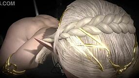 Beautiful blonde elf girl with big tits sucks fat cock in dark outfit