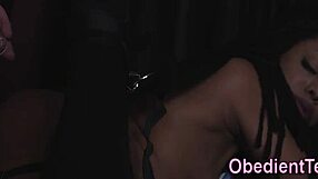 Tied up black teen contrasts innocence with sucking monster cock