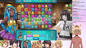 The hentai streamer Lewdneko has a threesome with two beautifull big tit women in the game Huniepop 2