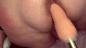 Amateur brunette stretches ass with machine for first time