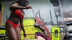 French Ebony Big Tits Clash in Interracial Wrestling