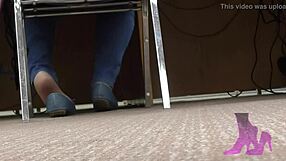 Wife in library engages in shoeplay with nude nylons and blue jean flats