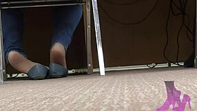 Wife in library engages in shoeplay with nude nylons and blue jean flats