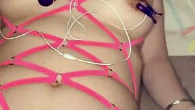 my wife tries new costume with ball gag for fun. she teases and plays solo at home.