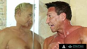 hey, check this nurumassage with a lucky guy and dirty blonde american masseuses in a harem!