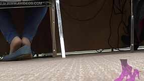 Wife in library engages in shoeplay with nude nylons and blue jean flats