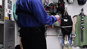 Fit big tit milf spreads wide for mall cop's dick at work in the office.