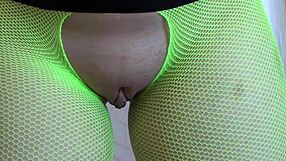 in green pantyhose i masturbate my pussy with a big black dildo