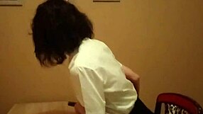 Horny secretary feels intense pleasure after dildo play and cum on glasses