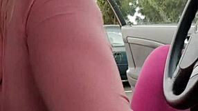 hot blonde milf teases with buttplug while masturbating in public car