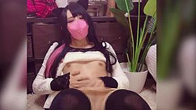 japanese ladyboy in cat ears and thong masturbates live on stream