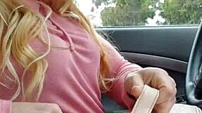 hot blonde milf teases with buttplug while masturbating in public car