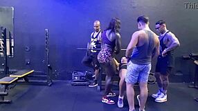 Brazilian friends train in gym, exploring bisexual lesbian fun with three guys and cum showers.