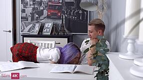 Mia Cheers handles two cocks in this skinny purple haired teen threesome.