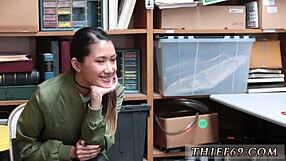 Asian girl in police uniform gives interracial blowjob during habitual theft arrest