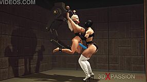 Strap-On SLAMS Horny Lesbian Blonde in Restraints, Hard Fucking Action!