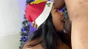 latina gives christmas blowjob leading to facial cumshot