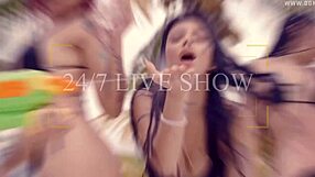 Brunette with big tits eagerly sucks a hot dildo in lesbian play