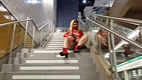 this blonde loves teasing in public outdoors