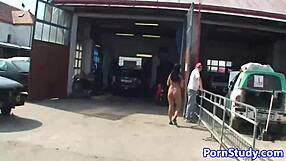 Nudist Eurobabe Teases Mechanics in Public