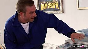 in this femdom roleplay, two big boobs milfs fuck craftsman roughly