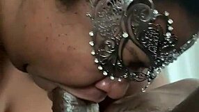 Ebony babe gives a nice dick sucking to her black lover.