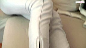 Tiny blonde starts with her feet to get the man aroused and then she fulfills him with huge cock