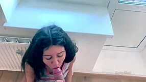Rough Blowjob on Big Cock for Cute Teen Brunette