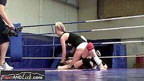 Small tits lesbians wrestling before licking pussy.